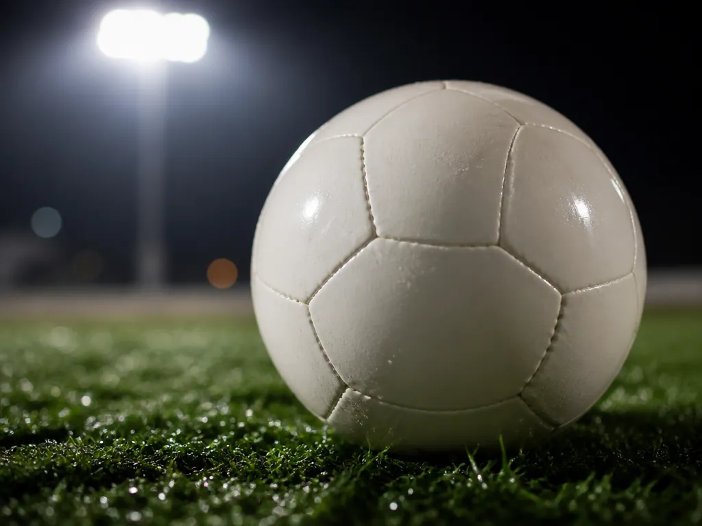 Fotboll på vått gräs i strålkastarljus