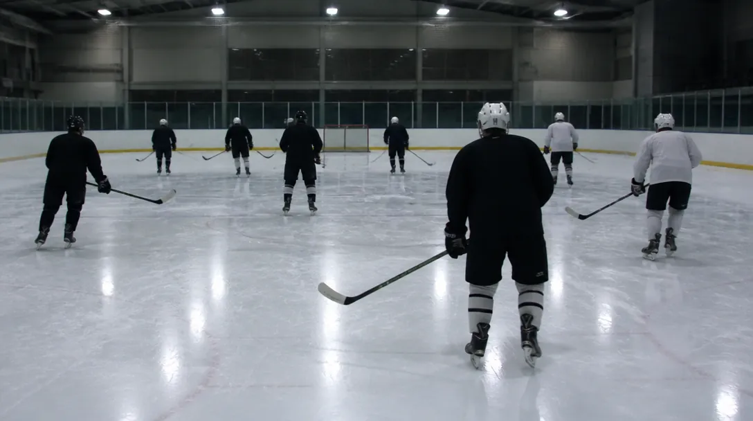 Tom hockeyrink under uppvärmning i arenaljus