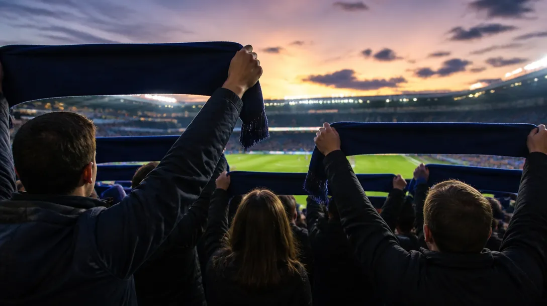 Supportrar med halsdukar utanför en arena i skymning